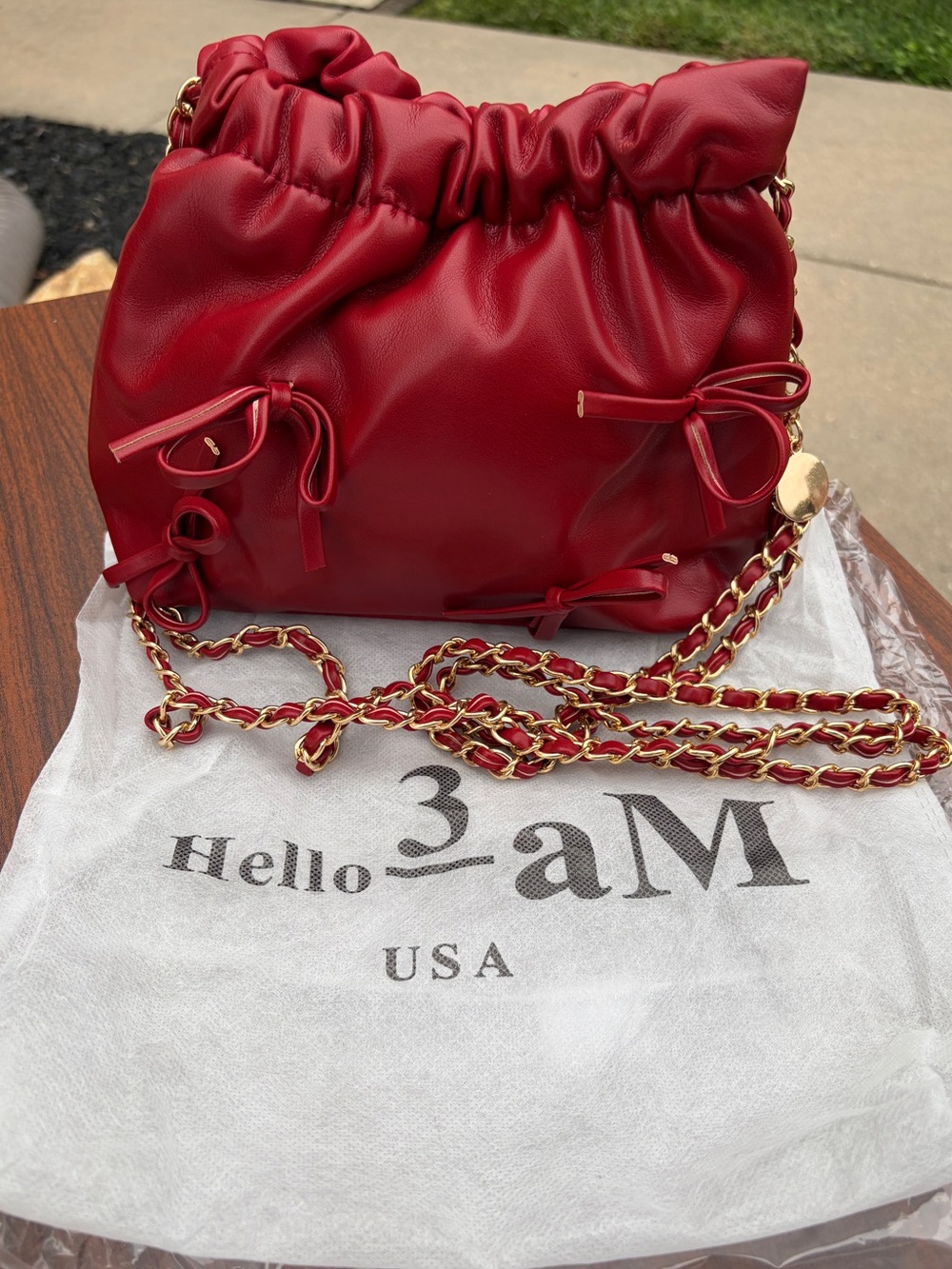 Hello 3AM Burgundy Bow Ruched Crossbody Shoulder Bag Gold Chain NWT